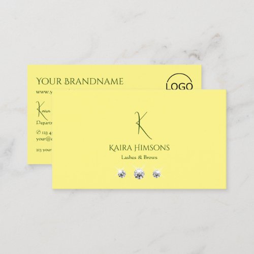 Plain Light Yellow with Monogram Logo and Jewels Business Card