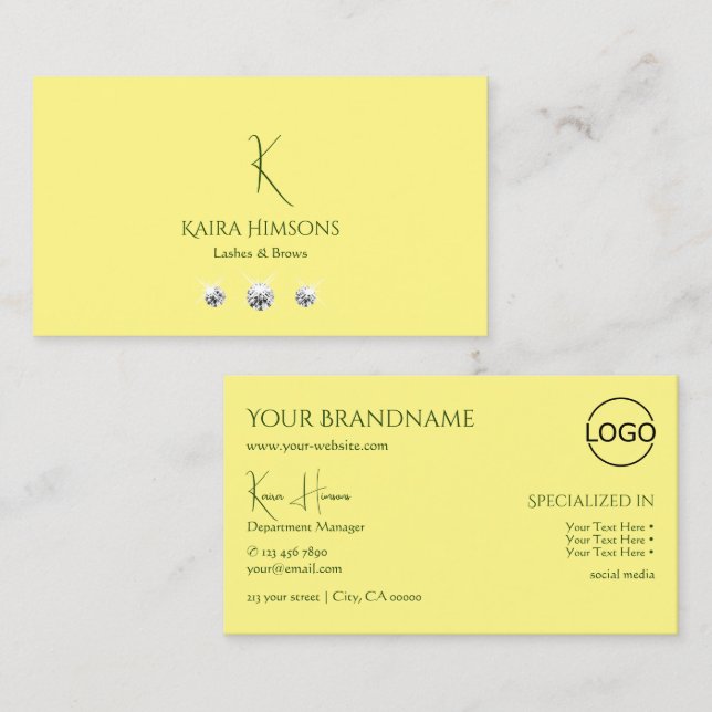 Plain Light Yellow with Monogram Logo and Jewels Business Card (Front/Back)
