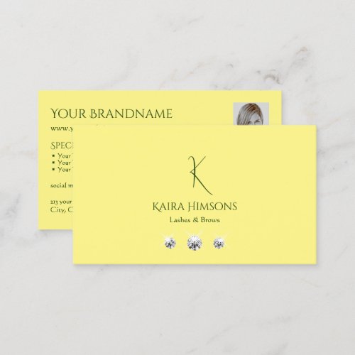 Plain Light Yellow with Monogram Photo and Jewels Business Card