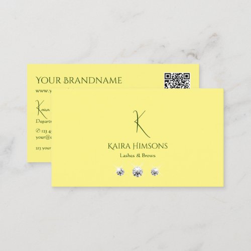 Plain Light Yellow with Monogram QRCode and Jewels Business Card