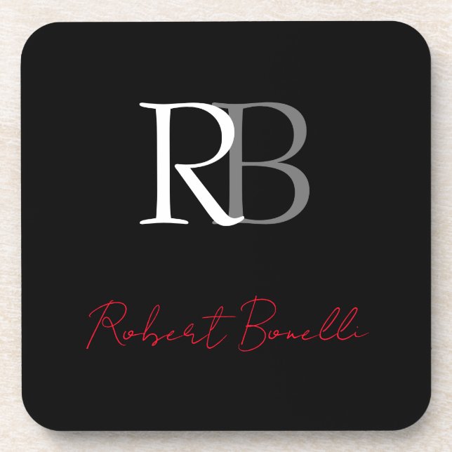 Plain Modern Black Red Monogrammed Initials Name Beverage Coaster (Front)