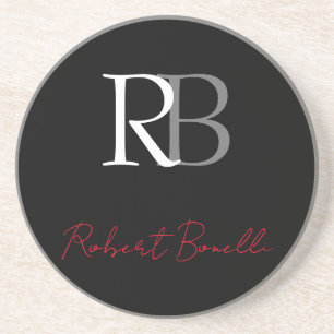 Plain Modern Black Red Monogrammed Initials Name Coaster