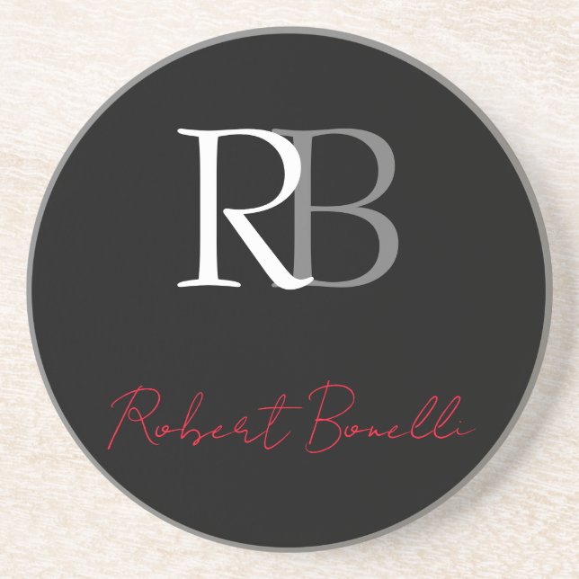 Plain Modern Black Red Monogrammed Initials Name Coaster (Front)