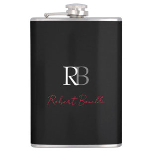 Plain Modern Black Red Monogrammed Initials Name Flask
