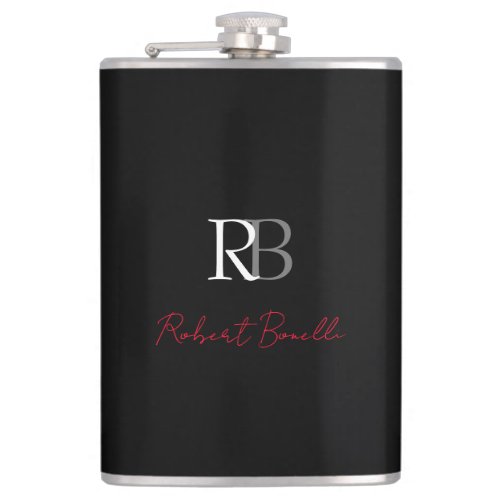 Plain Modern Black Red Monogrammed Initials Name Flask