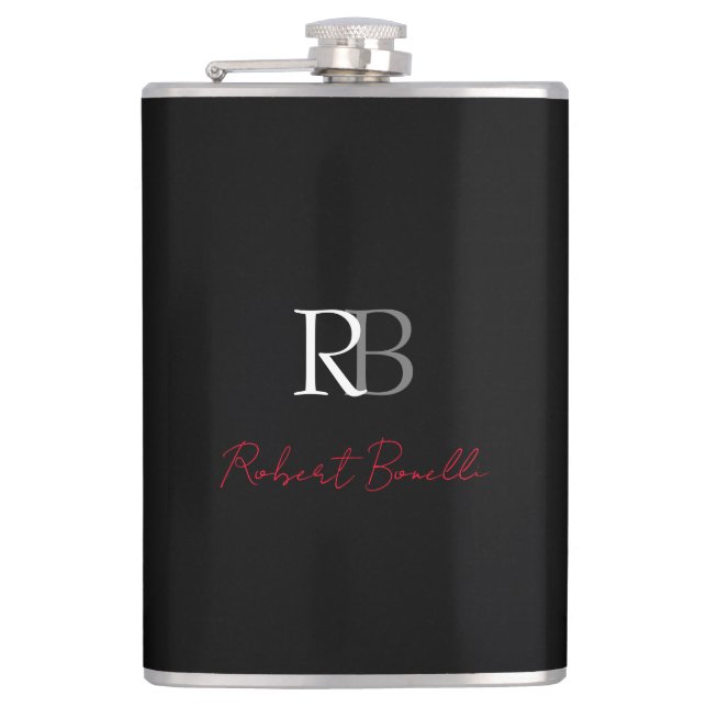 Plain Modern Black Red Monogrammed Initials Name Flask (Front)