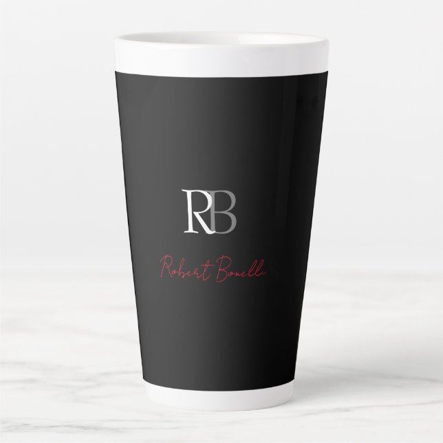 Plain Modern Black Red Monogrammed Initials Name Latte Mug (Front)