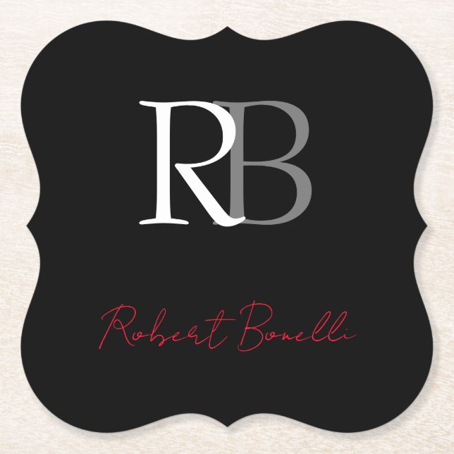 Plain Modern Black Red Monogrammed Initials Name Paper Coaster (Front)