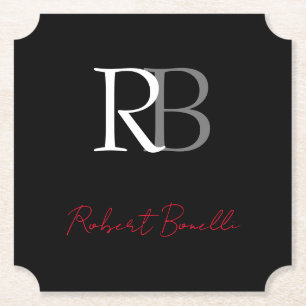 Plain Modern Black Red Monogrammed Initials Name Paper Coaster