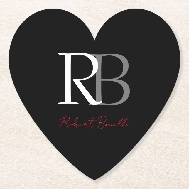 Plain Modern Black Red Monogrammed Initials Name Paper Coaster (Front)