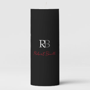 Plain Modern Black Red Monogrammed Initials Name Pillar Candle