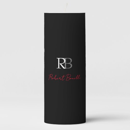 Plain Modern Black Red Monogrammed Initials Name Pillar Candle