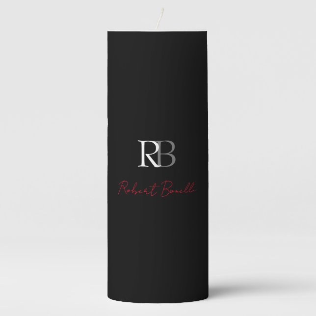 Plain Modern Black Red Monogrammed Initials Name Pillar Candle (Front)