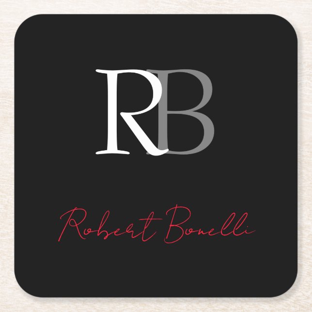 Plain Modern Black Red Monogrammed Initials Name Square Paper Coaster (Front)