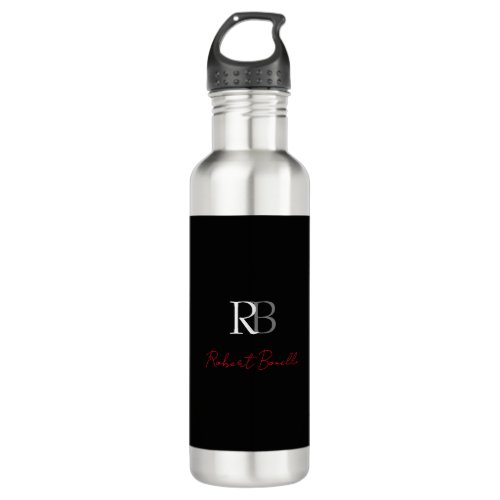 Plain Modern Black Red Monogrammed Initials Name Stainless Steel Water Bottle