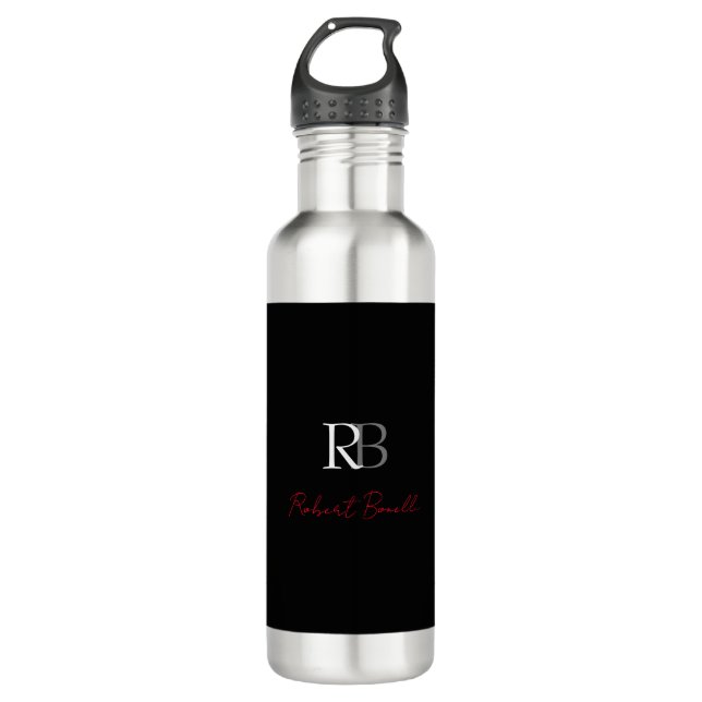 Plain Modern Black Red Monogrammed Initials Name Stainless Steel Water Bottle (Front)