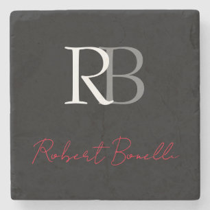 Plain Modern Black Red Monogrammed Initials Name Stone Coaster