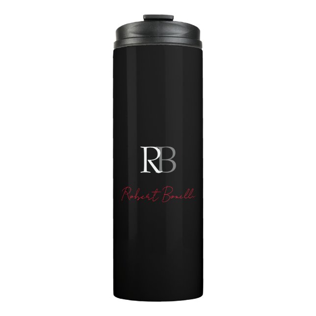 Plain Modern Black Red Monogrammed Initials Name Thermal Tumbler (Front)