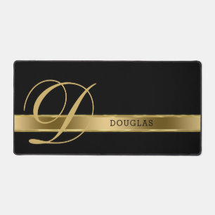 Plain Monochromatic Black With Gold Stripe Desk Mat