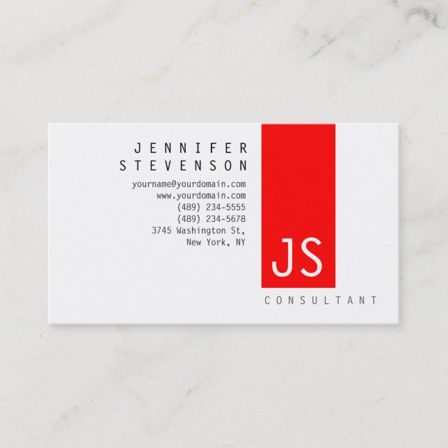 Plain Monogram Red Clean White Business Card (Front)