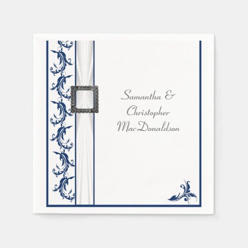 Plain navy blue and white lace traditional wedding napkins