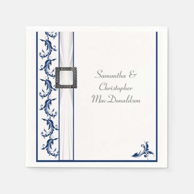 Plain navy blue and white lace traditional wedding napkins (Front)
