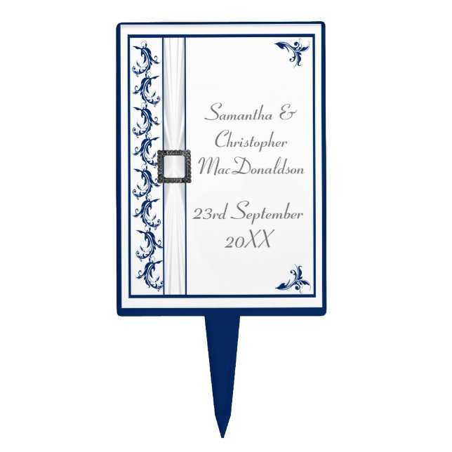 Plain navy blue and white traditional lace wedding cake topper (Front)