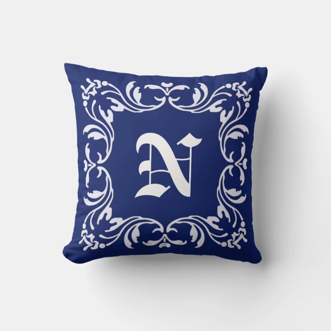Plain Navy blue background | Damask Monogram Throw Pillow (Front)