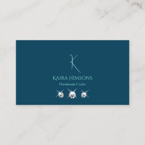 Plain Ocean Blue with Monogram and Jewels Stylish Business Card