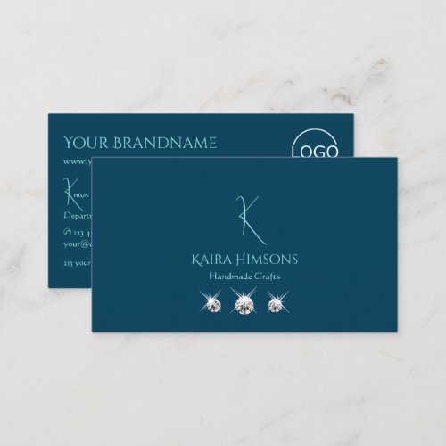 Plain Ocean Blue with Monogram Logo and Jewels Business Card