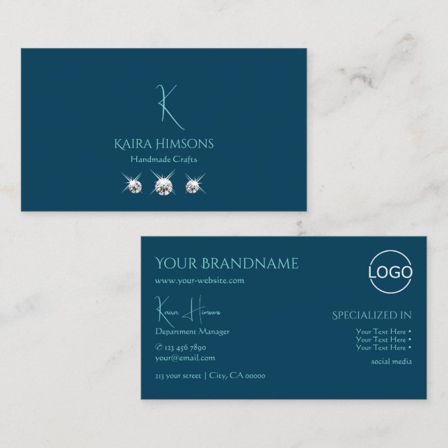 Plain Ocean Blue with Monogram Logo and Jewels Business Card (Front/Back)