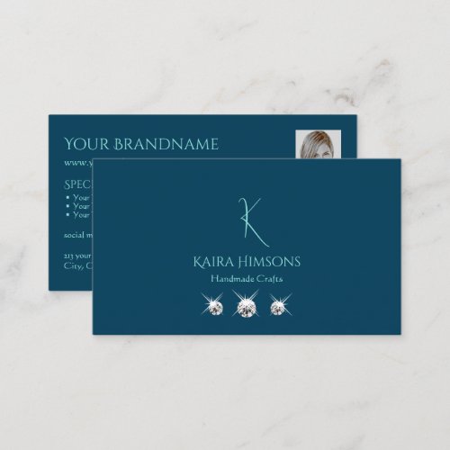 Plain Ocean Blue with Monogram Photo and Jewels Business Card