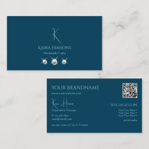 Plain Ocean Blue with Monogram QR Code and Jewels Business Card