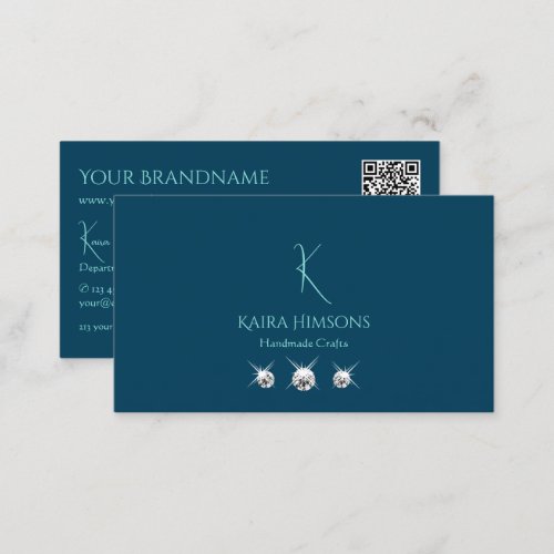 Plain Ocean Blue with Monogram QR Code and Jewels Business Card