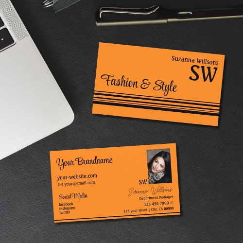 Plain Orange Black Stripes with Monogram and Photo Business Card