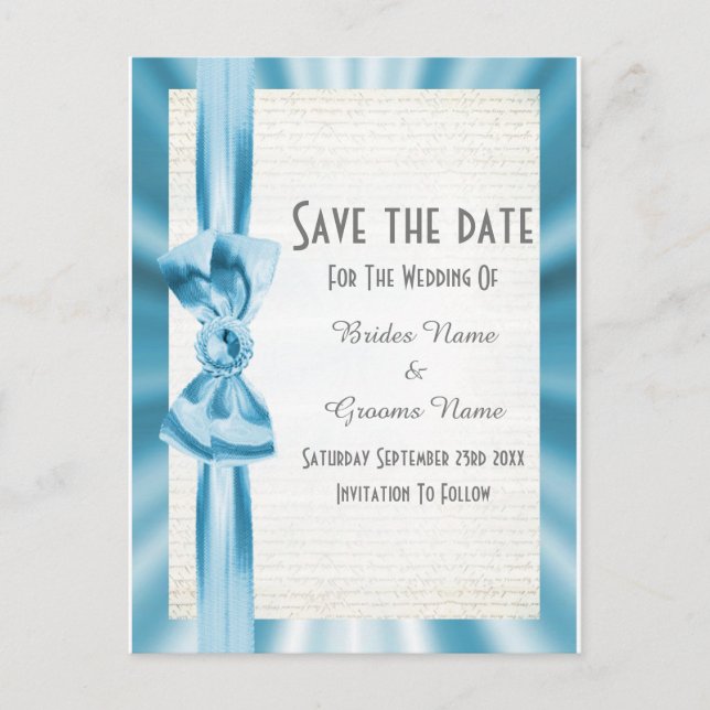 Plain pastel blue satin ribbon bow save the date announcement postcard (Front)