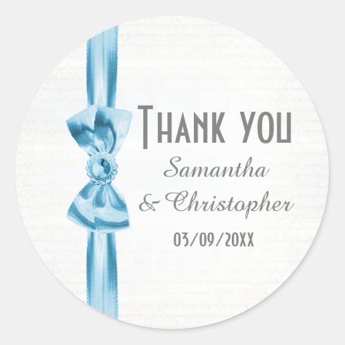 Plain pastel blue satin ribbon bow thank you classic round sticker