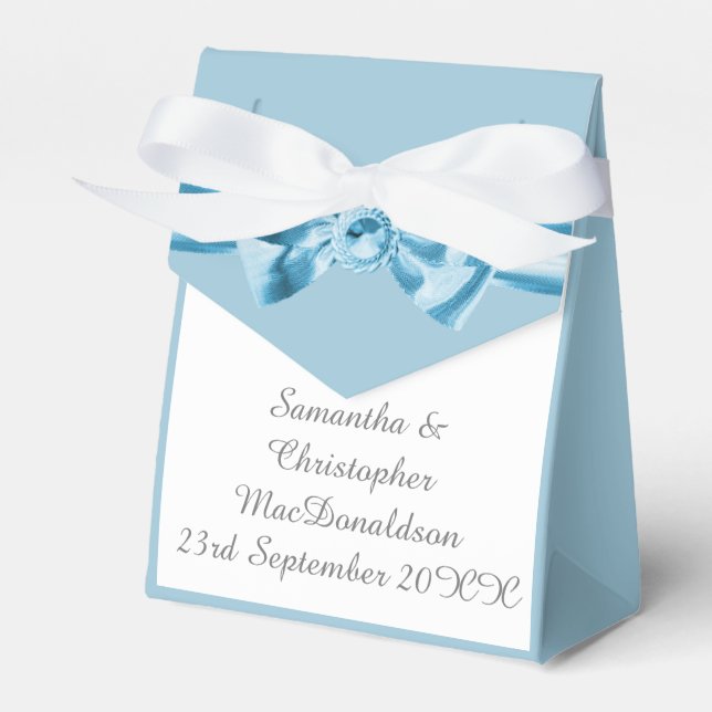 Plain pastel blue satin ribbon bow wedding favor boxes (Front Side)