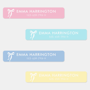 Plain Pastel Colors Bow Kids Name and Contacts Labels