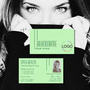 Plain Pastel Green with Logo & Photo Professional Business Card