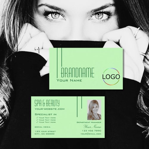 Plain Pastel Green with Logo  Photo Professional Business Card
