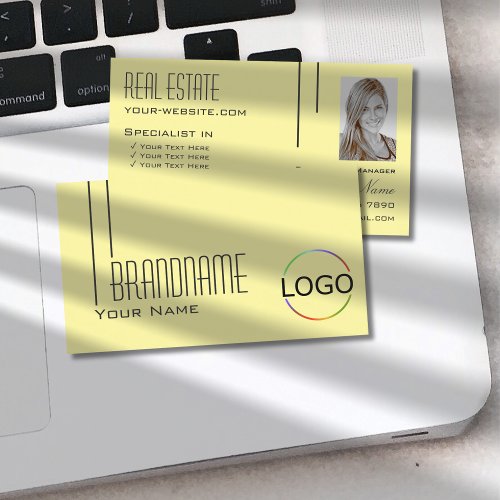 Plain Pastel Yellow with Logo  Photo Professional Business Card