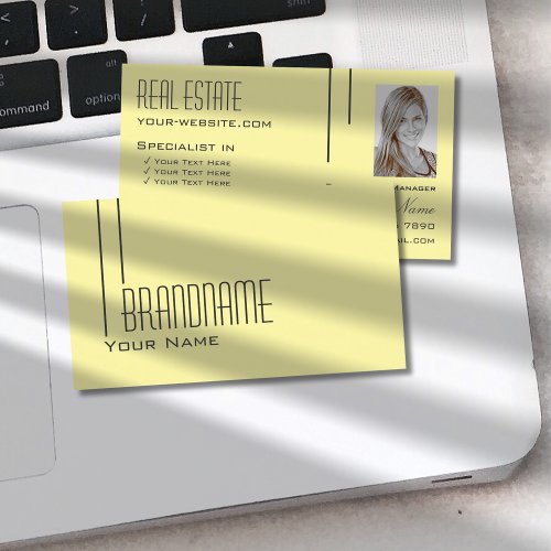 Plain Pastel Yellow with Photo Professional Modern Business Card