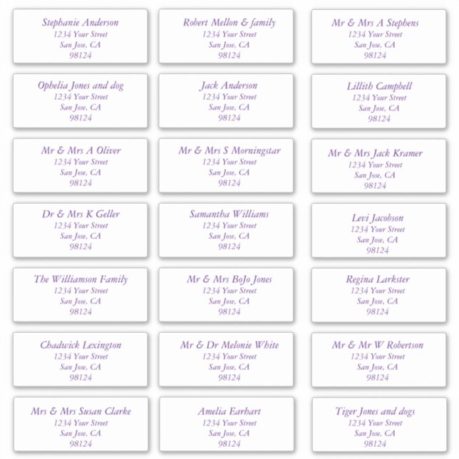 Plain Purple Text Recipient Address Labels (Front)