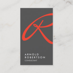 Plain Red Gray Trendy Monogram Business Card