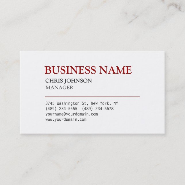 Plain Red & White Stylish Manager Business Card (Front)
