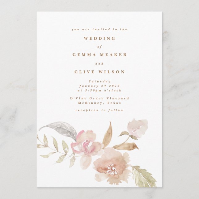 Plain Romantic Watercolor Florals Wedding Invitation (Front)