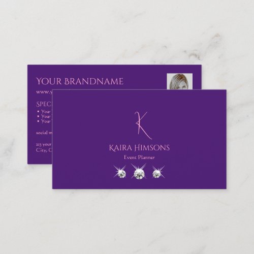 Plain Royal Purple with Monogram Photo and Jewels Business Card