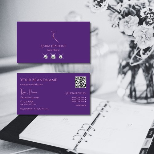 Plain Royal Purple with Monogram QRCode and Jewels Business Card