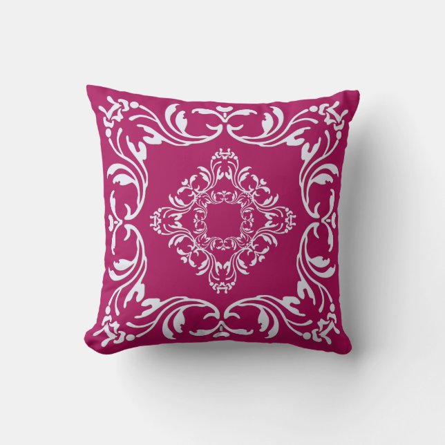 Plain Rubine Red Background | White Damask Pattern Throw Pillow (Front)